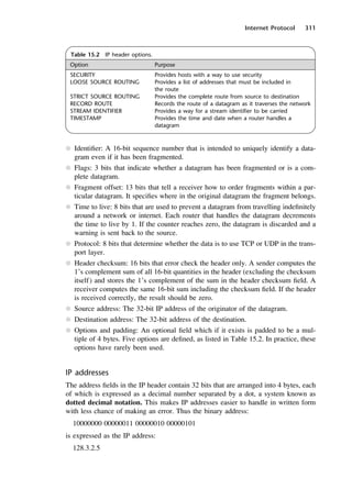 Internet Protocol 311
Table 15.2 IP header options.
Option Purpose
SECURITY Provides hosts with a way to use security
LOOSE SOURCE ROUTING Provides a list of addresses that must be included in
the route
STRICT SOURCE ROUTING Provides the complete route from source to destination
RECORD ROUTE Records the route of a datagram as it traverses the network
STREAM IDENTIFIER Provides a way for a stream identifier to be carried
TIMESTAMP Provides the time and date when a router handles a
datagram
l Identifier: A 16-bit sequence number that is intended to uniquely identify a data-
gram even if it has been fragmented.
l Flags: 3 bits that indicate whether a datagram has been fragmented or is a com-
plete datagram.
l Fragment offset: 13 bits that tell a receiver how to order fragments within a par-
ticular datagram. It specifies where in the original datagram the fragment belongs.
l Time to live: 8 bits that are used to prevent a datagram from travelling indefinitely
around a network or internet. Each router that handles the datagram decrements
the time to live by 1. If the counter reaches zero, the datagram is discarded and a
warning is sent back to the source.
l Protocol: 8 bits that determine whether the data is to use TCP or UDP in the trans-
port layer.
l Header checksum: 16 bits that error check the header only. A sender computes the
1’s complement sum of all 16-bit quantities in the header (excluding the checksum
itself) and stores the 1’s complement of the sum in the header checksum field. A
receiver computes the same 16-bit sum including the checksum field. If the header
is received correctly, the result should be zero.
l Source address: The 32-bit IP address of the originator of the datagram.
l Destination address: The 32-bit address of the destination.
l Options and padding: An optional field which if it exists is padded to be a mul-
tiple of 4 bytes. Five options are defined, as listed in Table 15.2. In practice, these
options have rarely been used.
IP addresses
The address fields in the IP header contain 32 bits that are arranged into 4 bytes, each
of which is expressed as a decimal number separated by a dot, a system known as
dotted decimal notation. This makes IP addresses easier to handle in written form
with less chance of making an error. Thus the binary address:
10000000 00000011 00000010 00000101
is expressed as the IP address:
128.3.2.5
DCAC15 2/27/06 12:10 PM Page 311
 