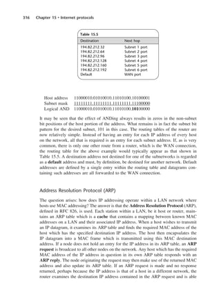 316 Chapter 15 • Internet protocols
Host address 11000010.01010010.11010100.10100001
Subnet mask 11111111.11111111.11111111.11100000
Logical AND 11000010.01010010.11010100.10100000
It may be seen that the effect of ANDing always results in zeros in the non-subnet
bit positions of the host portion of the address. What remains is in fact the subnet bit
pattern for the desired subnet, 101 in this case. The routing tables of the router are
now relatively simple. Instead of having an entry for each IP address of every host
on the network, all that is required is an entry for each subnet address. If, as is very
common, there is only one other route from a router, which is the WAN connection,
the routing table for the above example would typically appear as that shown in
Table 15.5. A destination address not destined for one of the subnetworks is regarded
as a default address and must, by definition, be destined for another network. Default
addresses are defined by a single entry within the routing table and datagrams con-
taining such addresses are all forwarded to the WAN connection.
Address Resolution Protocol (ARP)
The question arises: how does IP addressing operate within a LAN network where
hosts use MAC addressing? The answer is that the Address Resolution Protocol (ARP),
defined in RFC 826, is used. Each station within a LAN, be it host or router, main-
tains an ARP table which is a cache that contains a mapping between known MAC
addresses on a LAN and their associated IP address. When a host wishes to transmit
an IP datagram, it examines its ARP table and finds the required MAC address of the
host which has the specified destination IP address. The host then encapsulates the
IP datagram into a MAC frame which is transmitted using this MAC destination
address. If a node does not hold an entry for the IP address in its ARP table, an ARP
request is broadcast to all other nodes on the network. Any host which has the required
MAC address of the IP address in question in its own ARP table responds with an
ARP reply. The node originating the request may then make use of the returned MAC
address and also update its ARP table. If an ARP request is made and no response
returned, perhaps because the IP address is that of a host in a different network, the
router examines the destination IP address contained in the ARP request and is able
Table 15.5
Destination Next hop
194.82.212.32 Subnet 1 port
194.82.212.64 Subnet 2 port
194.82.212.96 Subnet 3 port
194.82.212.128 Subnet 4 port
194.82.212.160 Subnet 5 port
194.82.212.192 Subnet 6 port
Default WAN port
DCAC15 2/27/06 12:10 PM Page 316
 