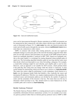 320 Chapter 15 • Internet protocols
areas can be interconnected through it. Routers operating in an OSPF environment can
be categorized by their connectivity with other routers and the type of traffic that they
carry as illustrated in Figure 15.3. A stub router has only one entry/exit point to the
router and all traffic passes through this one point, whereas multihomed routers have
more than one connection to other routers.
OSPF, in common with certain other routing protocols, can also use equal-cost
multipath routing to avoid some parts of the network becoming congested while other
parts are not fully utilized. Such procedures are not part of the OSPF protocol and an
equal-cost multipath algorithm is analysed in RFC 2992. Equal-cost multipath rout-
ing, as the name implies, is a technique for routing datagrams along multiple paths of
equal cost. The forwarding algorithm identifies paths by next-hop and the router must
then decide which next-hop (path) to use when forwarding a datagram. For example,
a round-robin technique might be used whereby each eligible path is used in turn.
However, such an approach is not suitable for TCP sessions, which perform better
if the path they flow along does not change while the stream is connected. A more
useful method for determining which next-hop to use is known as a hash-threshold.
The router first selects a key by performing a cyclic redundancy check (known as a
hash) over the datagram header fields that identify a flow (typically the source and
destination IP addresses). With the very simplest implementation of the algorithm, the
combined source and destination addresses are divided by the number of equal-cost
routes and the remainder of this division is the key. The router then uses the key to
determine which next-hop to use. This should result in a more balanced use of the
available paths and is known as load balancing.
Border Gateway Protocol
The Border Gateway Protocol (BGP) is a routing protocol used to exchange network
reachability information between autonomous systems. It is an example of an exter-
ior gateway protocol rather than an internal gateway protocol such as OSPF or RIP.
Figure 15.3 Stub and multihomed routers.
DCAC15 2/27/06 12:10 PM Page 320
 