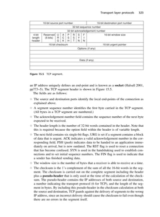 Transport layer protocols 323
Figure 15.5 TCP segment.
an IP address uniquely defines an end-point and is known as a socket (Halsall 2001,
pp773–5). The TCP segment header is shown in Figure 15.5.
The fields are as follows:
l The source and destination ports identify the local end-points of the connection as
explained above.
l A segment sequence number identifies the first byte carried in the TCP segment.
(All bytes in a TCP segment are numbered.)
l The acknowledgement number field contains the sequence number of the next byte
expected to be received.
l The header length is the number of 32-bit words contained in the header. Note that
this is required because the option field within the header is of variable length.
l The next field contains six single-bit flags. URG is set if a segment contains a block
of data that is urgent. ACK indicates a valid acknowledgement number in the cor-
responding field. PSH (push) indicates data to be handed to an application imme-
diately on arrival, but is now outdated. The RST flag is used to reset a connection
that has become confused. SYN is used in the handshaking used to establish con-
nections and to set initial sequence numbers. The FIN flag is used to indicate that
a sender has finished sending data.
l The window size is the number of bytes that a receiver is able to receive at a time.
l The checksum is the 1’s complement of the sum of all the 16-bit words in the seg-
ment. The checksum is carried out on the complete segment including the header
plus a pseudo-header that is only used at the time of the calculation of the check-
sum. The pseudo-header contains the IP addresses of both source and destination,
a number indicating the transport protocol (6 for TCP), and the length of the seg-
ment in bytes. By including this pseudo-header in the checksum calculation at both
the source and destination, TCP guards against the delivery of segments to the wrong
IP address, since an incorrect delivery should cause the checksum to fail even though
there are no errors in the segment itself.
DCAC15 2/27/06 12:10 PM Page 323
 
