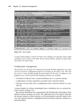 348 Chapter 16 • Network management
A typical alarm display is shown in Figure 16.6. Displays are typically colour coded
according to the severity of the fault: red for critical failures, orange for major faults
and yellow for minor faults.
Configuration management
The network view of Figure 16.5 represents each node and link graphically. Any node
can be accessed for configuration purposes by clicking on the node’s icon. This will
give rise to a more detailed graphical representation of the node. In addition to the
graphical views of the network, the following activities are available:
l download of software from a central distribution site to a network element;
l configuration of various parameters associated with a network element;
l back-up of service data such as configurations from a network element to a stor-
age site.
A typical display for software downloaded from a distribution site to a network ele-
ment is shown in Figure 16.7.
The software distribution site is represented by the left-hand side of the display where
different software packages are listed. The right-hand side of the display represents
the network element to which software is to be downloaded, termed the target in this
case. The required software is highlighted and the download started by clicking on a
download button.
Figure 16.6 Alarm display.
DCAC16 2/27/06 12:52 PM Page 348
 