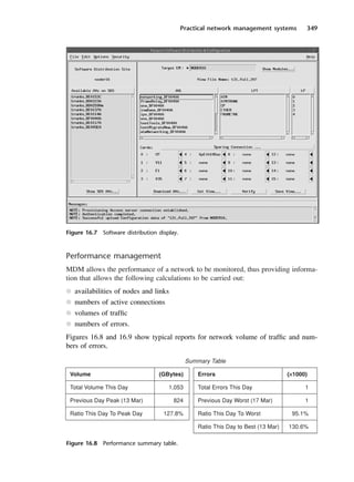 Practical network management systems 349
Performance management
MDM allows the performance of a network to be monitored, thus providing informa-
tion that allows the following calculations to be carried out:
l availabilities of nodes and links
l numbers of active connections
l volumes of traffic
l numbers of errors.
Figures 16.8 and 16.9 show typical reports for network volume of traffic and num-
bers of errors.
Figure 16.7 Software distribution display.
Figure 16.8 Performance summary table.
DCAC16 2/27/06 12:52 PM Page 349
 