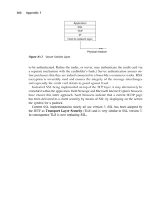 360 Appendix 1
to be authenticated. Rather the trader, or server, may authenticate the credit card via
a separate mechanism with the cardholder’s bank.) Server authentication assures on-
line purchasers that they are indeed connected to a bona fide e-commerce trader. RSA
encryption is invariably used and ensures the integrity of the message interchanges
and especially the credit card details to guard against fraud.
Instead of SSL being implemented on top of the TCP layer, it may alternatively be
embedded within the application. Both Netscape and Microsoft Internet Explorer browsers
have chosen this latter approach. Such browsers indicate that a current HTTP page
has been delivered to a client securely by means of SSL by displaying on the screen
the symbol for a padlock.
Current SSL implementations nearly all use version 3. SSL has been adopted by
the IETF as Transport Layer Security (TLS) and is very similar to SSL version 3.
In consequence TLS is now replacing SSL.
Figure A1.7 Secure Sockets Layer.
DCAD01 2/27/06 12:14 PM Page 360
 