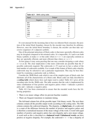 368 Appendix 2
It is not unusual for the incoming data to have no inherent block structure; the posi-
tion of the initial block boundary chosen by the encoder may therefore be arbitrary.
However, once the initial block boundary is chosen, the encoder can then take suc-
cessive sequences of n adjacent symbols.
One of the principal attractions of block codes is that more spectrally efficient codes
may be designed compared to bit-oriented codes. It is impossible, if n and m are both
binary symbols, to make n > m but codes where m = n + 1 are especially common as
they are spectrally efficient, and more efficient than where m > n + 1.
At first glance it may seem puzzling that one may consider designing a code where
n > m at all. The clear implication is that more codewords are possible than the 2n
possible codewords required. The codewords (< 2m
) used are in fact a subset of the
total number of codewords available. Use is made of this feature of block codes whereby
codewords may be selected to suit a particular requirement. This may be best illus-
trated by examining a particular code as follows.
Consider the 3B4B block code which is one of the simplest types of block code, but
illustrates all of the characteristics of a block code. Block codes are fully described in
a coding table which shows how each input word is coded. Table A2.1 gives all the
encoding rules for the 3B4B code. The table assumes that the code is implemented by
some combination of four positive and negative pulses where + indicates a positive
pulse and – indicates a negative pulse.
Table A2.1 has been constructed to ensure that the encoded words have the fol-
lowing properties:
l There is no mean voltage offset (to prevent baseline wander).
l There are frequent transitions to maintain timing.
The left-hand column lists all the possible input 3-bit binary words. The next three
columns contain all the possible output words according to the coding rules. The fifth
column contains the codeword disparity. The disparity, or digital sum, of a codeword
is a count of the difference between the number of positive and negative pulses and
is therefore a normalized measure of the mean voltage of the word. A word with equal
numbers of positive and negative pulses has zero disparity and a zero mean voltage.
A word such as this is described as a balanced word. Unbalanced words can have
positive or negative disparity. For example, the codeword + + − + has a disparity of
Table A2.1 3B4B coding table.
Input Output
Negative 0 Positive Disparity
001 −−++ 0
010 −+−+ 0
100 +−−+ 0
011 −++− 0
101 +−+− 0
110 ++−− 0
000 −−+− ++−+ ±2
111 −+−− +−++ ±2
DCAD02 2/27/06 12:19 PM Page 368
 