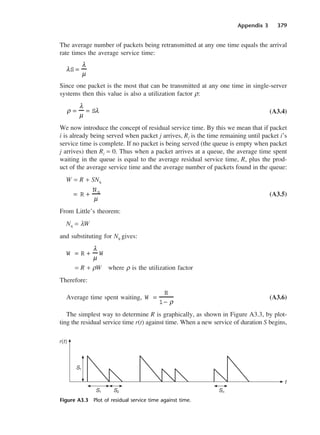 Appendix 3 379
The average number of packets being retransmitted at any one time equals the arrival
rate times the average service time:
Since one packet is the most that can be transmitted at any one time in single-server
systems then this value is also a utilization factor ρ:
(A3.4)
We now introduce the concept of residual service time. By this we mean that if packet
i is already being served when packet j arrives, Rj is the time remaining until packet i’s
service time is complete. If no packet is being served (the queue is empty when packet
j arrives) then Rj = 0. Thus when a packet arrives at a queue, the average time spent
waiting in the queue is equal to the average residual service time, R, plus the prod-
uct of the average service time and the average number of packets found in the queue:
W = R + SNq
(A3.5)
From Little’s theorem:
Nq = λW
and substituting for Nq gives:
= R + ρW where ρ is the utilization factor
Therefore:
Average time spent waiting, (A3.6)
The simplest way to determine R is graphically, as shown in Figure A3.3, by plot-
ting the residual service time r(t) against time. When a new service of duration S begins,
W =
R
1− ρ
W = R +
λ
µ
W
= R +
Nq
µ
ρ =
λ
µ
= Sλ
λS =
λ
µ
Figure A3.3 Plot of residual service time against time.
DCAD03 2/27/06 12:26 PM Page 379
 