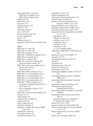 Index 407
high-speed LANs (continued)
IEEE 802.3u standard 244–6
IEEE 802.3z standard 246–7
HiperLAN 238
HiperLAN/2 238
hop count 319
hopping sequence 231
hops 231, 232
horizontal mode 69
host 2, 309, 392
host-to-network layer 309
H-series standards 8
hub 32, 221
Huffman code 61–3
Hypertext Transfer Protocol (HTTP) 309
IBM 9
IBM Type 1A cable 245
IBM Type 2A cable 245
IEEE 802.2 standard 217–19
IEEE 802.3 CSMA/CD standard 219–23
IEEE 802.3u standard 244–6
IEEE 802.3z standard 246–7
IEEE 802.4 token bus standard 224
physical medium variants 224
IEEE 802.5 token ring standard 225–8
normal frame 227–8
token frame 225–7
IEEE 802.6 MAN standard 247–51
IEEE 802.11 recommendation 229–31
IEEE 802.11a recommendation 232
IEEE 802.11b recommendation 232–3
IEEE 802.11g recommendation 233
IEEE 802.11 MAC protocol 233–8
distributed coordinated function 233–5
MAC frame 237
point coordination function 235–7
services 237–8
IEEE 802.17 Resilient Packet Rings 251
I-frames 75, 78
impersonation 351
import policies in BGP 321
impulse noise 85
index compression 64
indication primitive 11
industrial, scientific and medical (ISM)
bands 229
information content 51
information frames 124
information measure 52–5
information source 51–2
infrared propagation 228
inheritance/containment hierarchy 345
instantaneously decodable 58
Institute of Electrical and Electronic
Engineers (IEEE) 15–16, 392
Integrated Digital Access (IDA) 162
Integrated Digital Network (IDN) 162–3
integrated management systems 342–3
Integrated Services Digital Network (ISDN)
161–70, 392
applications 168–9
computer interface 167
customer access 163–6
installations 166–8
operation 169–70
technology of 163
see also broadband ISDN
integration in IEEE 802.11 MAC protocol
238
interactive services on B-ISDN 171
interactive TV 79
interchannel interference (ICI) 232
interface 3
interference 85
Interframe Space (IFS) 234
interleaved scanning 75
intermediate system 301
International alphabet number 5 (IA5) 26,
392
International Data Encryption Algorithm
(IDEA) 353
International Electrotechnical Committee
(IEC) 9
International Gateway Exchange 162
International Organization for
Standardization (ISO) 8
International Radio Consultative Committee
(CCIR) 8
International Telecommunication Union
(ITU) 8
facsimile compression standards 65
V standards for modems 151–7
internet 294, 304–5, 392
Internet Architecture Board (IAB) 304
Internet Control Message Protocol (ICMP)
317–18, 392
Internet Engineering Task Force (IETF)
304–5
Internet Key Exchange (IKE) 333
DCAD06-index 2/27/06 12:27 PM Page 407
 