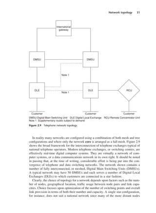 Network topology 31
In reality many networks are configured using a combination of both mesh and tree
configurations and where only the network core is arranged as a full mesh. Figure 2.9
shows the broad framework for the interconnection of telephone exchanges typical of
national telephone operators. Modern telephone exchanges, or switching centres, are
effectively real-time digital computer systems. They are virtually a network of com-
puter systems, or a data communications network in its own right. It should be noted
in passing that, at the time of writing, considerable effort is being put into the con-
vergence of telephone and data switching networks. The network shown contains a
number of fully interconnected, or meshed, Digital Main Switching Units (DMSUs).
A typical network may have 50 DMSUs and each serves a number of Digital Local
Exchanges (DLEs) to which customers are connected in a star fashion.
Clearly, the choice of topology for a network depends upon factors such as the num-
ber of nodes, geographical location, traffic usage between node pairs and link capa-
cities. Choice focuses upon optimization of the number of switching points and overall
link provision in terms of both their number and capacity. A single star configuration,
for instance, does not suit a national network since many of the more distant nodes
Figure 2.9 Telephone network topology.
DCAC02 2/27/06 11:24 AM Page 31
 