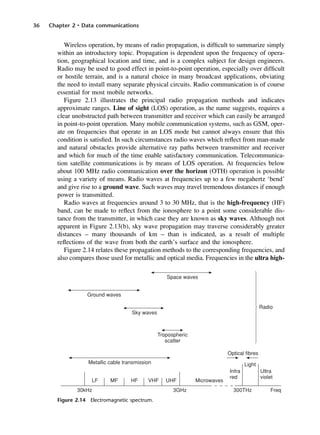 36 Chapter 2 • Data communications
Figure 2.14 Electromagnetic spectrum.
Wireless operation, by means of radio propagation, is difficult to summarize simply
within an introductory topic. Propagation is dependent upon the frequency of opera-
tion, geographical location and time, and is a complex subject for design engineers.
Radio may be used to good effect in point-to-point operation, especially over difficult
or hostile terrain, and is a natural choice in many broadcast applications, obviating
the need to install many separate physical circuits. Radio communication is of course
essential for most mobile networks.
Figure 2.13 illustrates the principal radio propagation methods and indicates
approximate ranges. Line of sight (LOS) operation, as the name suggests, requires a
clear unobstructed path between transmitter and receiver which can easily be arranged
in point-to-point operation. Many mobile communication systems, such as GSM, oper-
ate on frequencies that operate in an LOS mode but cannot always ensure that this
condition is satisfied. In such circumstances radio waves which reflect from man-made
and natural obstacles provide alternative ray paths between transmitter and receiver
and which for much of the time enable satisfactory communication. Telecommunica-
tion satellite communications is by means of LOS operation. At frequencies below
about 100 MHz radio communication over the horizon (OTH) operation is possible
using a variety of means. Radio waves at frequencies up to a few megahertz ‘bend’
and give rise to a ground wave. Such waves may travel tremendous distances if enough
power is transmitted.
Radio waves at frequencies around 3 to 30 MHz, that is the high-frequency (HF)
band, can be made to reflect from the ionosphere to a point some considerable dis-
tance from the transmitter, in which case they are known as sky waves. Although not
apparent in Figure 2.13(b), sky wave propagation may traverse considerably greater
distances – many thousands of km – than is indicated, as a result of multiple
reflections of the wave from both the earth’s surface and the ionosphere.
Figure 2.14 relates these propagation methods to the corresponding frequencies, and
also compares those used for metallic and optical media. Frequencies in the ultra high-
DCAC02 2/27/06 11:24 AM Page 36
 