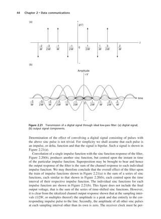44 Chapter 2 • Data communications
Determination of the effect of convolving a digital signal consisting of pulses with
the above sinc pulse is not trivial. For simplicity we shall assume that each pulse is
an impulse, or delta, function and that the signal is bipolar. Such a signal is shown in
Figure 2.21(a).
Convolution of a single impulse function with the sinc function response of the filter,
Figure 2.20(b), produces another sinc function, but centred upon the instant in time
of the particular impulse function. Superposition may be brought to bear and hence
the output response of the filter is the sum of the channel response to each individual
impulse function. We may therefore conclude that the overall effect of the filter upon
the train of impulse functions shown in Figure 2.21(a) is the sum of a series of sinc
functions, each similar to that shown in Figure 2.20(b), each centred upon the time
interval of their respective impulse function. The individual sinc functions for each
impulse function are shown in Figure 2.21(b). This figure does not include the final
output voltage, that is the sum of the series of time-shifted sinc functions. However,
it is clear from the idealized channel output response shown that at the sampling inter-
vals (1/2W, or multiples thereof) the amplitude is a peak and due entirely to the cor-
responding impulse pulse to the line. Secondly, the amplitude of all other sinc pulses
at each sampling interval other than its own is zero. The receiver clock must be per-
Figure 2.21 Transmission of a digital signal through ideal low-pass filter: (a) digital signal;
(b) output signal components.
DCAC02 2/27/06 11:24 AM Page 44
 