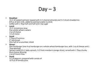 Day – 3
•   Breakfast
    1½ C of cooked oatmeal, topped with ¼ C slivered almonds and ½ C sliced strawberries
    8 fl oz of skim milk, added to oatmeal and/or to drink
    Coffee with 1 Tbsp half-and-half and 1 tsp sugar
•   Lunch
    1½ C minestrone soup
    Five whole-wheat crackers
    2 oz of cheese
    1 C of melon
•   Snack
    2 Tbsp of hummus
    6″ pita bread
    One half of a cucumber, sliced
•   Dinner
    One hamburger (one 4-oz hamburger on a whole-wheat hamburger bun, with 1 oz of cheese and 1
    Tbsp ketchup)
    Spinach salad (1½ C baby spinach, ½ C fresh mandarin orange slices), served with 1 Tbsp chunky
    blue-cheese dressing
    2 oz of French fries
•   Snack
    3 C of popcorn, prepared with canola oil
    12 fl oz of tomato juice
 