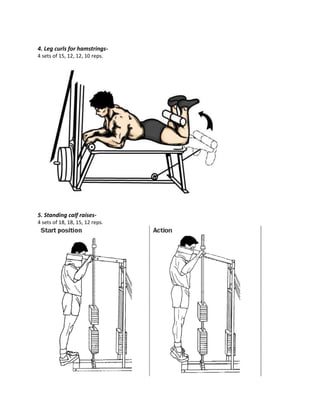 4. Leg curls for hamstrings-
4 sets of 15, 12, 12, 10 reps.
5. Standing calf raises-
4 sets of 18, 18, 15, 12 reps.
 