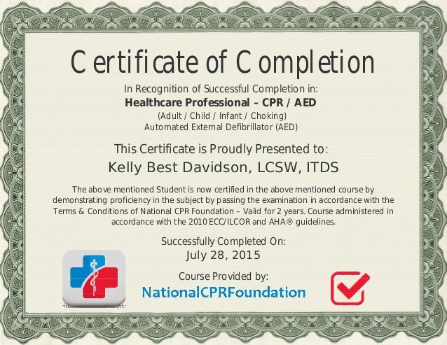 cpr aed health care professional s certificate for kelly b davidson