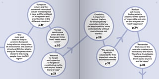 “Our
main goal
was not only to
promote European
integration as integration
of an economic and political
structure (EU), but also to
bring the European values
closer to the young
people from the SEE
region”
“Creativity
is important
but not the key
for employability –
execution is the key
for employability. Ideas
and creativity without
execution are not
worthy”
p.28
“The personal
dignity is
valued as the first
important value by
the most countries”
p.32
“Radical
act means
finding what is
possible in the sphere
of impossible and only
on this way we can
reach happiness”
p.34
“Remember
that you are the
one who creates your
own reality and future.
Therefore: Investigate;
Take responsbility;
Don’t blame anyone
and be happy”
p.35
“European
values are the
universal values and
values that comprise
it have a different level
of acceptance and
prioritization in the
different countries”
p.17
“Europe
needs more
union and the
European Union
itself needs more
union”
p.20
“We need
to forget
our hypocrisy,
to forget our
constitutive myths
and maybe “ishala”
there is hope”
p.21
54
 