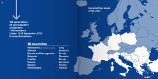 415 applications
58 young leaders
21 speakers
7 IPG members
5 days, 11-15 September, 2015
Krusevo Macedonia
Macedonia(as the host country)
Albania
Bosnia and Herzegovina
Bulgaria
Croatia
Greece
Kosovo
Montenegro
Italy
Romania
Serbia
Slovenia
Turkey
Germany
France
Poland
16 countries
Geographical scope
of IYC 2015
76
 