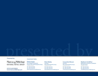 presented by
OFFICES NATIONWIDE
www.marcusmillichap.com
Investment Sales:
Presented by:
Madison Schaffner
Marketing & Transaction Coordinator
The Isaac Group
DENVER OFFICE
Tel: (303) 328-2037
Fax: (303) 328-2010
mschaffner@marcusmillichap.com
Brian Bailey
Associate
Net Leased Properties Group
DENVER OFFICE
Tel: 	(303) 328-2018
Fax: (303) 328-2010
brian.bailey@marcusmillichap.com
Cassandra Mosser
Associate
Net Leased Properties Group
DENVER OFFICE
Tel: 	(303) 328-2066
Fax: (303) 328-2010
cmosser@marcusmillichap.com
Drew Isaac
Vice President Investments
Director, Net Leased Properties Group
DENVER OFFICE
Tel: 	(303) 328-2048
Fax: (303) 328-2010
drew.isaac@marcusmillichap.com
 