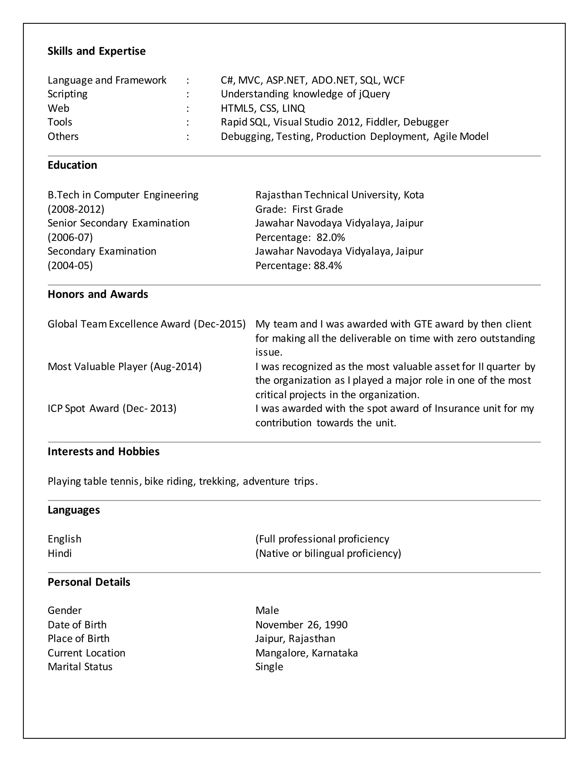 Skills and Expertise
Language and Framework : C#, MVC, ASP.NET, ADO.NET, SQL, WCF
Scripting : Understanding knowledge of jQuery
Web : HTML5, CSS, LINQ
Tools : Rapid SQL, Visual Studio 2012, Fiddler, Debugger
Others : Debugging, Testing, Production Deployment, Agile Model
Education
B.Tech in Computer Engineering Rajasthan Technical University, Kota
(2008-2012) Grade: First Grade
Senior Secondary Examination Jawahar Navodaya Vidyalaya, Jaipur
(2006-07) Percentage: 82.0%
Secondary Examination Jawahar Navodaya Vidyalaya, Jaipur
(2004-05) Percentage: 88.4%
Honors and Awards
Global TeamExcellence Award (Dec-2015) My team and I was awarded with GTE award by then client
for making all the deliverable on time with zero outstanding
issue.
Most Valuable Player (Aug-2014) I was recognized as the most valuable asset for II quarter by
the organization as I played a major role in one of the most
critical projects in the organization.
ICP Spot Award (Dec- 2013) I was awarded with the spot award of Insurance unit for my
contribution towards the unit.
Interests and Hobbies
Playing table tennis, bike riding, trekking, adventure trips.
Languages
English (Full professional proficiency
Hindi (Native or bilingual proficiency)
Personal Details
Gender Male
Date of Birth November 26, 1990
Place of Birth Jaipur, Rajasthan
Current Location Mangalore, Karnataka
Marital Status Single
 
