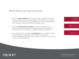 Workforce solutions
 Fircroft’s Global Logistics service is the most comprehensive in the
business. We take care of every aspect of a contractor’s transition
into their new role from visas, mobilisation and travel arrangements
right through to accommodation and health care.
 Fircroft’s Payroll and Accountancy service can provide your
business with a secure, timely and professional pay mechanism. A
mechanism that’s trusted by over 8,000 contractors globally.
 We understand how important Compliance is to our clients. Fircroft
is at the forefront of Quality, Health, Safety, Security and
Environmental best practice so you can be assured that everything
we do, we do the right way.
Connecting people to
power the world
Global
Logistics
Payroll and
Accounting
Compliance
 