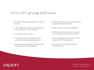  A family business established in 1970 in
the UK
 13th largest privately owned agency in
the world (No. 1 in Oil & Gas)
 60 offices in 45 countries
 Providing workforce solutions to the
technical and engineering sectors
 Majority family ownership giving us the
independence to be flexible
 Market leading specialist technical &
engineering MSP provider
 £450m spend under management
 £130m new MSP contracts secured in
last 12 months across 5 new clients
 Fully managed supply chain of 150+
approved 2nd tier agencies
 Specialists in recruitment process
transformation
Fircroft group overview
Connecting people to
power the world
 