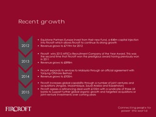 Recent growth
2012
2013
2014
2015
 Equistone Partners Europe invest from their new Fund, a €48m capital injection
into Fircroft which allows Fircroft to continue its strong growth
 Revenue grows to £719m for 2012
 Fircroft wins 2013 APSCo Recruitment Company of the Year Award. This was
the second time that Fircroft won the prestigious award having previously won
in 2011
 Revenue grows to £898m
 Fircroft expands its services to Malaysia through an official agreement with
Tanjung Offshore Berhad
 Revenue grows to £930m
 Fircroft increases global capability through a number of joint ventures and
acquisitions (Angola, Mozambique, Saudi Arabia and Kazakhstan)
 Fircroft agrees a refinancing deal worth £105m with a syndicate of three UK
banks to support further global organic growth and targeted acquisitions or
joint-venture investments over coming years
Connecting people to
power the world
 
