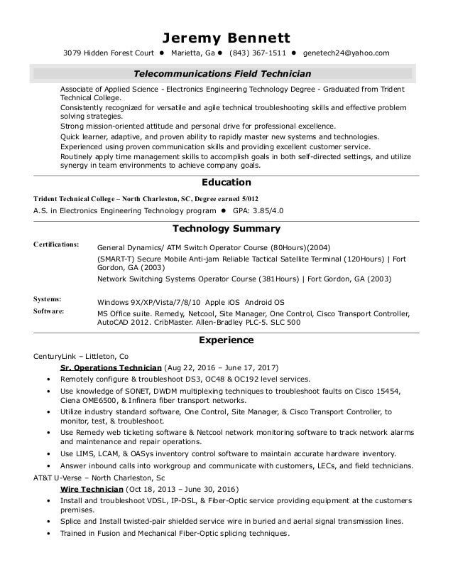 jeremy bennett resume telecom field technician update 2017 telecom technician resumes