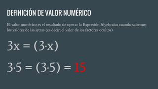 DEFINICIÓN DE VALOR NUMÉRICO
El valor numérico es el resultado de operar la Expresión Algebraica cuando sabemos
los valores de las letras (es decir, el valor de los factores ocultos)
3x = (3·x)
3·5 = (3·5) = 15
 