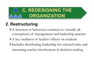 C. REDESIGNING THE
ORGANIZATION
2. Restructuring
A function or behaviour common to virtually all
conceptions of management and leadership practice
A key mediator of leaders’ effects on students
Includes distributing leadership for selected tasks and
increasing teacher involvement in decision making
 