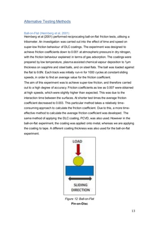 13
Alternative Testing Methods
Ball-on-Flat (Heimberg et al, 2001)
Heimberg et al (2001) performed reciprocating ball-on-flat friction tests, utilising a
tribometer. An investigation was carried out into the effect of time and speed on
super-low friction behaviour of DLC coatings. The experiment was designed to
achieve friction coefficients down to 0.001 at atmospheric pressure in dry nitrogen,
with the friction behaviour explained in terms of gas adsorption. The coatings were
prepared by low temperature, plasma assisted chemical vapour deposition to 1µm
thickness on sapphire and steel balls, and on steel flats. The ball was loaded against
the flat to 9.8N. Each track was initially run-in for 1000 cycles at constant sliding
speeds, in order to find an average value for the friction coefficient.
The aim of this experiment was to achieve super-low friction, and therefore carried
out to a high degree of accuracy. Friction coefficients as low as 0.007 were obtained
at high speeds, which were slightly higher than expected. This was due to the
interaction time between the surfaces. At shorter test times the average friction
coefficient decreased to 0.003. This particular method takes a relatively time-
consuming approach to calculate the friction coefficient. Due to this, a more time-
effective method to calculate the average friction coefficient was developed. The
same method of applying the DLC coating, PCVD, was also used. However in the
ball-on-flat experiment, the coating was applied onto metal, whereas we are applying
the coating to tape. A different coating thickness was also used for the ball-on-flat
experiment.
Figure 12: Ball-on-Flat
Pin-on-Disc
 
