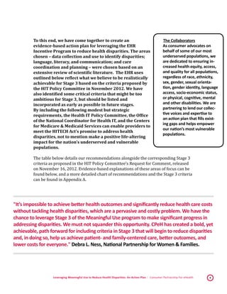 Leveraging Meaningful Use to Reduce Health Disparities: An Action Plan | Consumer Partnership For eHealth 4
To this end, we have come together to create an
evidence-based action plan for leveraging the EHR
Incentive Program to reduce health disparities. The areas
chosen – data collection and use to identify disparities;
language, literacy, and communication; and care
coordination and planning – were chosen based on an
extensive review of scientific literature. The EHR uses
outlined below reflect what we believe to be realistically
achievable for Stage 3 based on the criteria proposed by
the HIT Policy Committee in November 2012. We have
also identified some critical criteria that might be too
ambitious for Stage 3, but should be listed and
incorporated as early as possible in future stages.
By including the following modest but strategic
requirements, the Health IT Policy Committee, the Office
of the National Coordinator for Health IT, and the Centers
for Medicare & Medicaid Services can enable providers to
meet the HITECH Act’s promise to address health
disparities, not to mention make a positive life-altering
impact for the nation’s underserved and vulnerable
populations.
The table below details our recommendations alongside the corresponding Stage 3
criteria as proposed in the HIT Policy Committee’s Request for Comment, released
on November 16, 2012. Evidence-based explanations of these areas of focus can be
found below, and a more detailed chart of recommendations and the Stage 3 criteria
can be found in Appendix A.
"It’s impossible to achieve better health outcomes and significantly reduce health care costs
without tackling health disparities, which are a pervasive and costly problem. We have the
chance to leverage Stage 3 of the Meaningful Use program to make significant progress in
addressing disparities. We must not squander this opportunity. CPeH has created a bold, yet
achievable, path forward for including criteria in Stage 3 that will begin to reduce disparities
and, in doing so, help us achieve patient- and family-centered care, better outcomes, and
lower costs for everyone." Debra L. Ness, National Partnership for Women & Families.
The Collaborators
	 As consumer advocates on
behalf of some of our most
underserved populations, we
are dedicated to ensuring in-
creased health equity, access,
and quality for all populations,
regardless of race, ethnicity,
sex, gender, sexual orienta-
tion, gender identity, language
access, socio-economic status,
or physical, cognitive, mental
and other disabilities. We are
partnering to lend our collec-
tive voices and expertise to
an action plan that fills exist-
ing gaps and helps empower
our nation’s most vulnerable
populations.
 