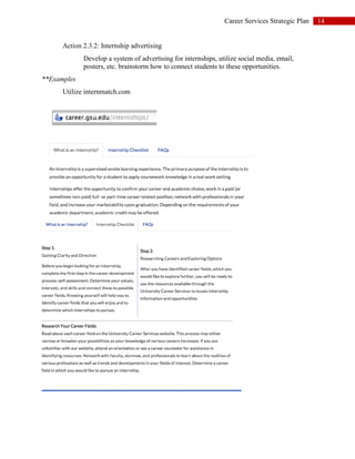 14Career Services Strategic Plan
Action 2.3.2: Internship advertising
Develop a system of advertising for internships, utilize social media, email,
posters, etc. brainstorm how to connect students to these opportunities.
**Examples
Utilize internmatch.com
 