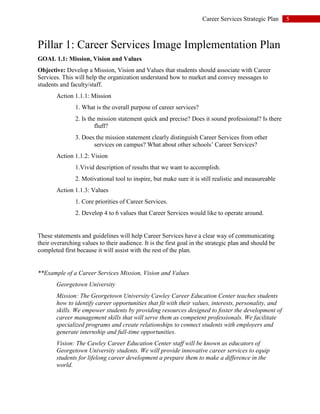 5Career Services Strategic Plan
Pillar 1: Career Services Image Implementation Plan
GOAL 1.1: Mission, Vision and Values
Objective: Develop a Mission, Vision and Values that students should associate with Career
Services. This will help the organization understand how to market and convey messages to
students and faculty/staff.
Action 1.1.1: Mission
1. What is the overall purpose of career services?
2. Is the mission statement quick and precise? Does it sound professional? Is there
fluff?
3. Does the mission statement clearly distinguish Career Services from other
services on campus? What about other schools’ Career Services?
Action 1.1.2: Vision
1.Vivid description of results that we want to accomplish.
2. Motivational tool to inspire, but make sure it is still realistic and measureable
Action 1.1.3: Values
1. Core priorities of Career Services.
2. Develop 4 to 6 values that Career Services would like to operate around.
These statements and guidelines will help Career Services have a clear way of communicating
their overarching values to their audience. It is the first goal in the strategic plan and should be
completed first because it will assist with the rest of the plan.
**Example of a Career Services Mission, Vision and Values
Georgetown University
Mission: The Georgetown University Cawley Career Education Center teaches students
how to identify career opportunities that fit with their values, interests, personality, and
skills. We empower students by providing resources designed to foster the development of
career management skills that will serve them as competent professionals. We facilitate
specialized programs and create relationships to connect students with employers and
generate internship and full-time opportunities.
Vision: The Cawley Career Education Center staff will be known as educators of
Georgetown University students. We will provide innovative career services to equip
students for lifelong career development a prepare them to make a difference in the
world.
 