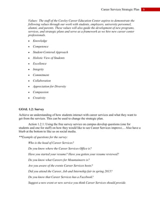 6Career Services Strategic Plan
Values: The staff of the Cawley Career Education Center aspires to demonstrate the
following values through our work with students, employers, university personnel,
alumni, and parents. These values will also guide the development of new programs,
services, and strategic plans and serve as a framework as we hire new career center
professionals.
 Knowledge
 Competence
 Student-Centered Approach
 Holistic View of Students
 Excellence
 Integrity
 Commitment
 Collaboration
 Appreciation for Diversity
 Compassion
 Creativity
GOAL 1.2: Survey
Achieve an understanding of how students interact with career services and what they want to
get from the services. This can be used to change the strategic plan.
Action 1.2.1: Using the free survey service on campus develop questions (one for
students and one for staff) on how they would like to see Career Services improve.... Also have a
blurb at the bottom to like us on social media.
**Example of questions for the survey:
Who is the head of Career Services?
Do you know where the Career Services Office is?
Have you started your resume? Have you gotten your resume reviewed?
Do you know what Careers for Mountaineers is?
Are you aware of the events Career Services hosts?
Did you attend the Career, Job and Internship fair in spring 2015?
Do you know that Career Services has a Facebook?
Suggest a new event or new service you think Career Services should provide.
 