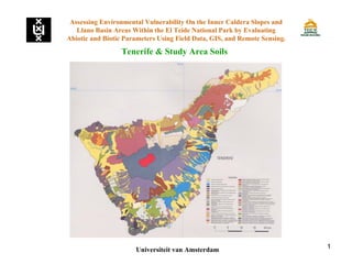 1
Tenerife & Study Area Soils
Assessing Environmental Vulnerability On the Inner Caldera Slopes and
Llano Basin Areas Within the El Teide National Park by Evaluating
Abiotic and Biotic Parameters Using Field Data, GIS, and Remote Sensing.
Universiteit van Amsterdam
 