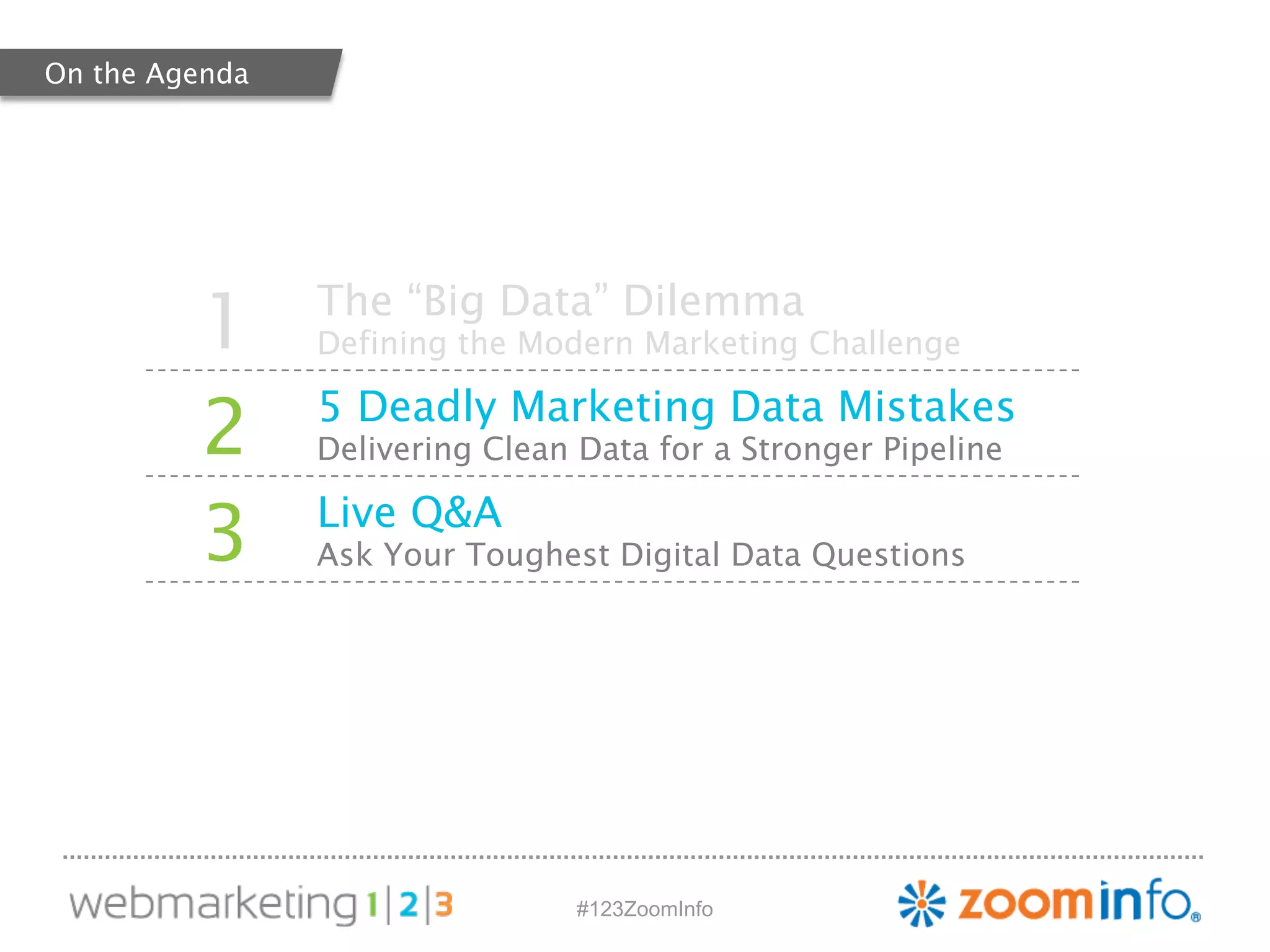 1 The “Big Data” Dilemma 
Defining the Modern Marketing Challenge 
2 5 Deadly Marketing Data Mistakes 
Delivering Clean Data for a Stronger Pipeline 
3 Live Q&A 
Ask Your Toughest Digital Data Questions 
#123ZoomInfo 
On the Agenda 
 