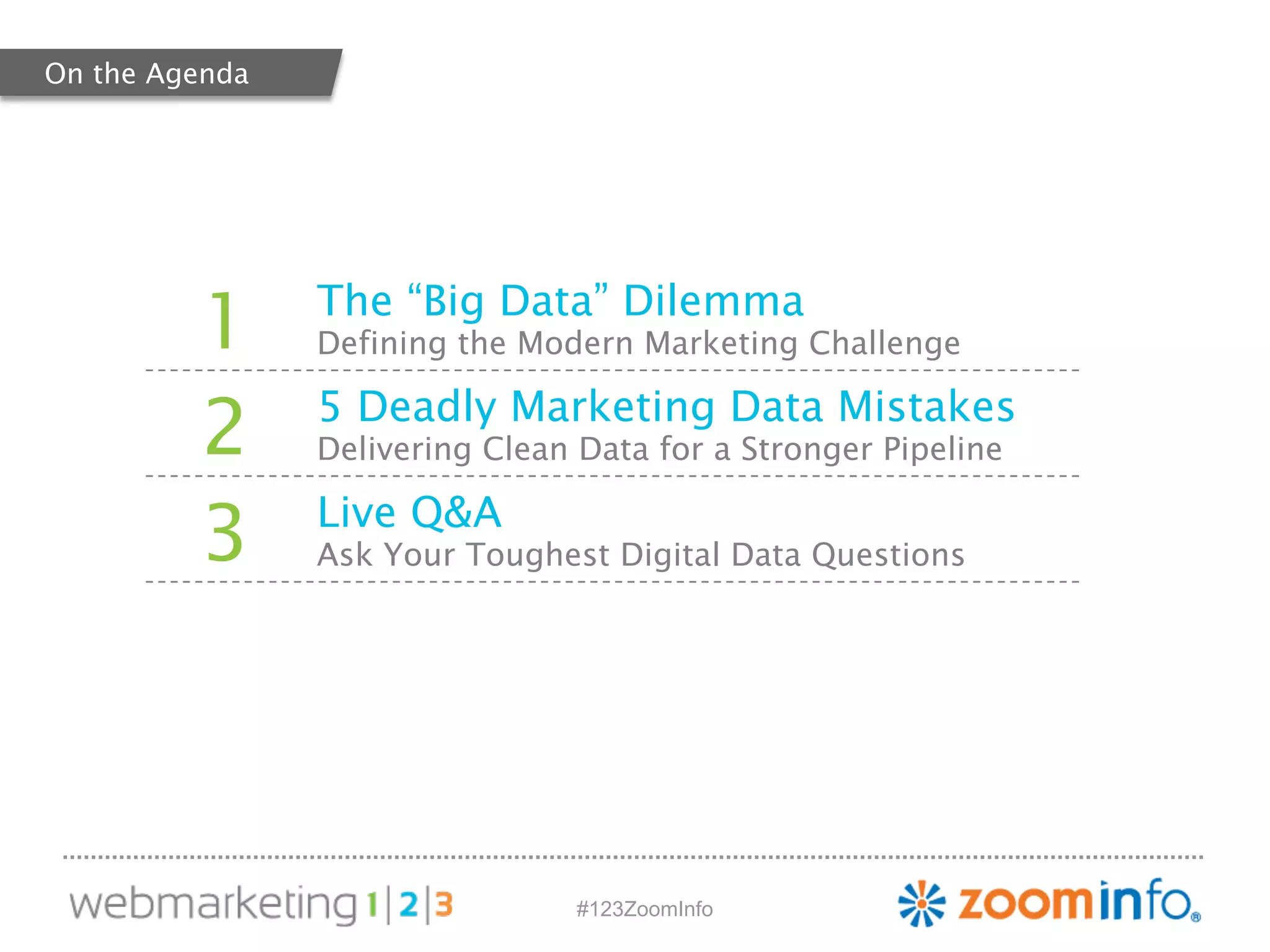 1 The “Big Data” Dilemma 
Defining the Modern Marketing Challenge 
2 5 Deadly Marketing Data Mistakes 
Delivering Clean Data for a Stronger Pipeline 
3 Live Q&A 
Ask Your Toughest Digital Data Questions 
#123ZoomInfo 
On the Agenda 
 