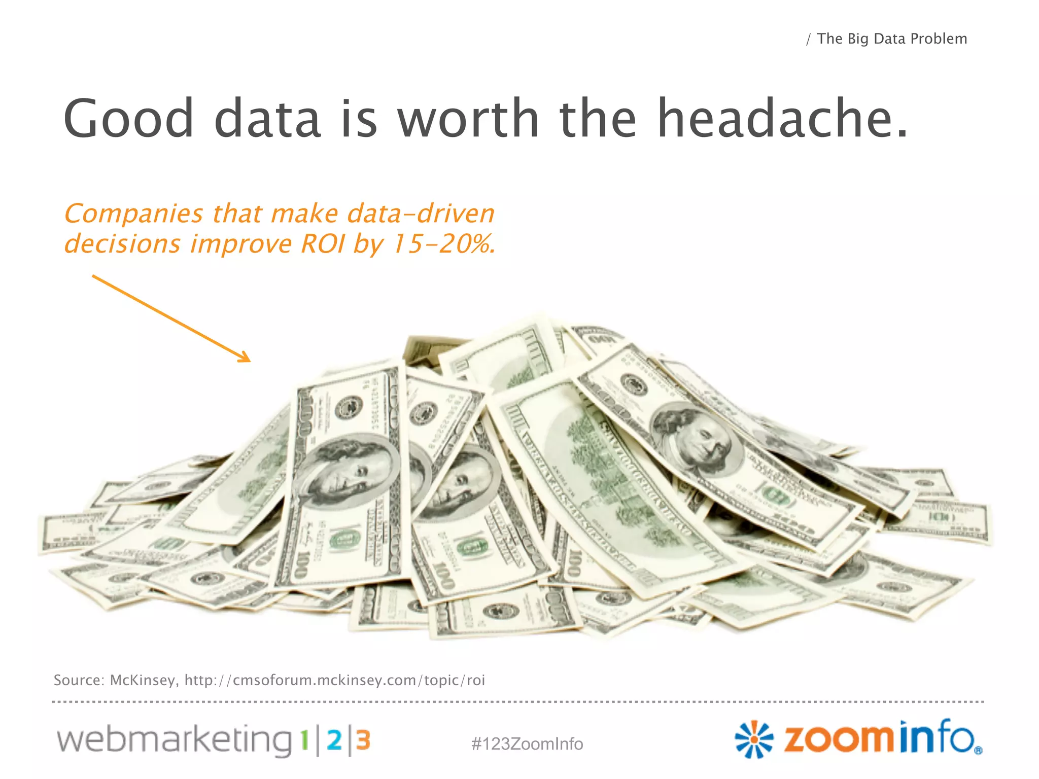 #123ZoomInfo 
/ The Big Data Problem 
Good data is worth the headache. 
Companies that make data-driven 
decisions improve ROI by 15-20%. 
Source: McKinsey, http://cmsoforum.mckinsey.com/topic/roi 
 