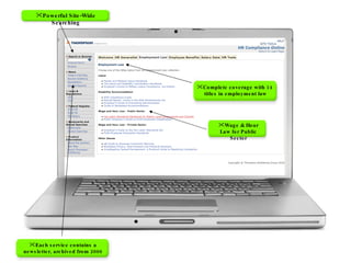 Powerful Site-Wide Searching Wage & Hour Law for Public Sector Complete coverage with 14  titles in employment law Each service contains a newsletter, archived from 2006 