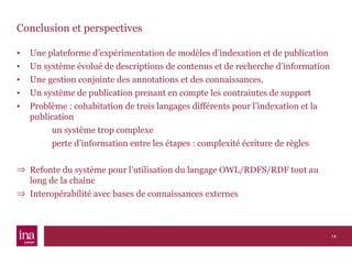 Conclusion et perspectives Une plateforme d’expérimentation de modèles d’indexation et de publication Un système évolué de descriptions de contenus et de recherche d’information Une gestion conjointe des annotations et des connaissances. Un système de publication prenant en compte les contraintes de support Problème : cohabitation de trois langages différents pour l’indexation et la publication  un système trop complexe perte d’information entre les étapes : complexité écriture de règles Refonte du système pour l’utilisation du langage OWL/RDFS/RDF tout au long de la chaîne Interopérabilité avec bases de connaissances externes 