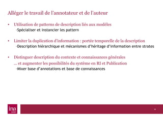 Alléger le travail de l’annotateur et de l’auteur Utilisation de patterns de description liés aux modèles Spécialiser et instancier les pattern Limiter la duplication d’information : portée temporelle de la description Description hiérarchique et mécanismes d’héritage d’information entre strates Distinguer description du contexte et connaissances générales …  et augmenter les possibilités du système en RI et Publication Mixer base d’annotations et base de connaissances 