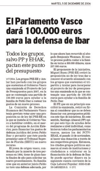 El Parlamento Vasco dara 100.000 euros para la defensa de Pablo Ibar