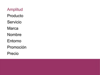 Amplitud
Producto
Servicio
Marca
Nombre
Entorno
Promoción
Precio
 