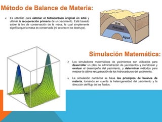 Método de Balance de Materia:
Simulación Matemática:
 Es utilizado para estimar el hidrocarburo original en sitio y
ultimar la recuperación primaria de un yacimiento. Está basado
sobre la ley de conservación de la masa, la cual simplemente
significa que la masa es conservada (ni se crea ni se destruye).
 Los simuladores matemáticos de yacimientos son utilizados para
desarrollar un plan de administración de yacimientos y monitorear y
evaluar el desempeño del yacimiento, y determinar métodos para
mejorar la última recuperación de los hidrocarburos del yacimiento.
 La simulación numérica se basa los principios de balance de
materia, tomando en cuenta la heterogeneidad del yacimiento y la
dirección del flujo de los fluidos.
 