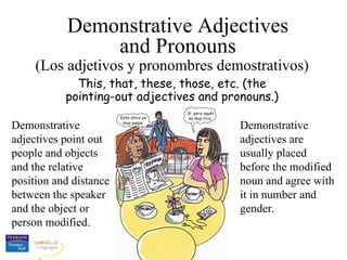 Th i s, that, these, those, etc. (the pointing-out adjectives  and pronouns .) Demonstrative Adjectives and Pronouns (Los adjetivos y pronombres demostrativos) Demonstrative adjectives point out people and objects and the relative position and distance between the speaker and the object or person modified. Demonstrative adjectives are usually placed before the modified noun and agree with it in number and gender. 