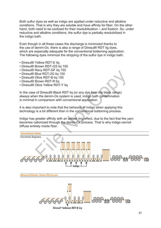 37
Both sulfur dyes as well as indigo are applied under reductive and alkaline
conditions. That is why they are soluble and have affinity for fiber. On the other
hand, both need to be oxidized for their insolubilization – and fixation. So, under
reductive and alkaline conditions, the sulfur dye is partially resolubilized in
the indigo bath.
Even though in all these cases the discharge is minimized thanks to
the use of denim-Ox, there is also a range of Diresul® RDT lig dyes,
which are especially adequate for the conventional bottoming application.
The following dyes minimize the stripping of the sulfur dye in indigo bath.
• Diresul® Yellow RDT-E liq
• Diresul® Brown RDT-GS liq 150
• Diresul® Navy RDT-GF liq 150
• Diresul® Blue RDT-2G liq 150
• Diresul® Olive RDT-B liq 150
• Diresul® Brown RDT-R liq
• Diresul® Olive Yellow RDT-Y liq
In the case of Diresul® Black RDT liq (or any dye from the black range)
always when the denim-Ox system is used, indigo bath contamination
is minimal in comparison with conventional application.
It is also important to note that the behavior of indigo when applying this
technology is a bit different than in the conventional bottoming process.
Indigo has greater affinity with an added ring effect, due to the fact that the yarn
becomes cationized through the denim-Ox process. That is why indigo cannot
diffuse entirely inside fiber.
File
N
otC
opy
 