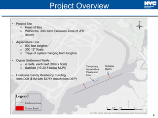 6
Project Overview
Temporary
Aquaculture
Floats and
Line
Subtidal
Reefs
• Project Site
o Head of Bay
o Within the 200-Yard Exclusion Zone of JFK
airport
• Aquaculture Line
o 900 foot longline
o 300 12” floats
o Trays of oysters hanging from longline
• Oyster Settlement Reefs
o 4 reefs, each reef (10m x 50m)
o Subtidal (10-20 ft below MLW)
• Hurricane Sandy Resiliency Funding
from DOI ($1M with $375+ match from DEP)
 