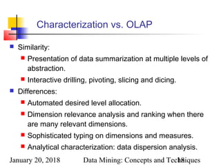 January 20, 2018 Data Mining: Concepts and Techniques18
Characterization vs. OLAP
 Similarity:
 Presentation of data summarization at multiple levels of
abstraction.
 Interactive drilling, pivoting, slicing and dicing.
 Differences:
 Automated desired level allocation.
 Dimension relevance analysis and ranking when there
are many relevant dimensions.
 Sophisticated typing on dimensions and measures.
 Analytical characterization: data dispersion analysis.
 