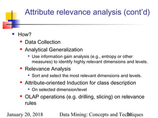 January 20, 2018 Data Mining: Concepts and Techniques20
Attribute relevance analysis (cont’d)
 How?
 Data Collection
 Analytical Generalization

Use information gain analysis (e.g., entropy or other
measures) to identify highly relevant dimensions and levels.
 Relevance Analysis

Sort and select the most relevant dimensions and levels.
 Attribute-oriented Induction for class description

On selected dimension/level
 OLAP operations (e.g. drilling, slicing) on relevance
rules
 
