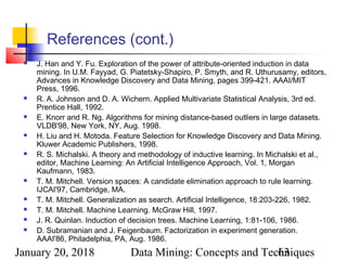 January 20, 2018 Data Mining: Concepts and Techniques63
References (cont.)
 J. Han and Y. Fu. Exploration of the power of attribute-oriented induction in data
mining. In U.M. Fayyad, G. Piatetsky-Shapiro, P. Smyth, and R. Uthurusamy, editors,
Advances in Knowledge Discovery and Data Mining, pages 399-421. AAAI/MIT
Press, 1996.
 R. A. Johnson and D. A. Wichern. Applied Multivariate Statistical Analysis, 3rd ed.
Prentice Hall, 1992.
 E. Knorr and R. Ng. Algorithms for mining distance-based outliers in large datasets.
VLDB'98, New York, NY, Aug. 1998.
 H. Liu and H. Motoda. Feature Selection for Knowledge Discovery and Data Mining.
Kluwer Academic Publishers, 1998.
 R. S. Michalski. A theory and methodology of inductive learning. In Michalski et al.,
editor, Machine Learning: An Artificial Intelligence Approach, Vol. 1, Morgan
Kaufmann, 1983.
 T. M. Mitchell. Version spaces: A candidate elimination approach to rule learning.
IJCAI'97, Cambridge, MA.
 T. M. Mitchell. Generalization as search. Artificial Intelligence, 18:203-226, 1982.
 T. M. Mitchell. Machine Learning. McGraw Hill, 1997.
 J. R. Quinlan. Induction of decision trees. Machine Learning, 1:81-106, 1986.
 D. Subramanian and J. Feigenbaum. Factorization in experiment generation.
AAAI'86, Philadelphia, PA, Aug. 1986.
 