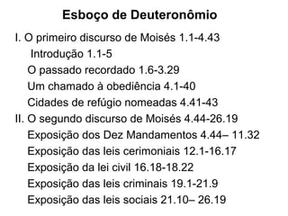 Esboço de Deuteronômio
III. O terceiro discurso de Moisés 27.1– 30.20
A desobediência traz a maldição 27.1-26
Bênçãos e maldições 28.1-68
Os termos da aliança 29.1-30.20
IV. As palavras finais e a morte de Moisés 31.1– 34.12
Perpetuação do concerto 31.1-29
O cântico do testemunho 31.30-32.47
A bênção de Moisés sobre Israel 32.48—33.29
A Morte e a sucessão de Moisés 34.1-12
 