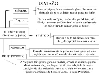 DIVISÃO
O PENTATEUCO
(Torá para os judeus)
GÊNESIS
Narra as origens do universo e do gênero humano até à
formação do povo de Israel na sua estada no Egito.
ÊXODO
Narra a saída do Egito, conduzidos por Moisés, até o
Sinai, aí recebem de Deus Sua Lei como confirmação
do pacto firmado com o "povo de Deus".
LEVÍTICO
Regula o culto religioso e seu ritual,
dirigido especialmente aos levitas
NÚMEROS
Trata do recenseamento do povo, de fatos e providências
legislativas para os 40 anos de vida nômade no deserto.
DEUTERONÔMIO
A “segunda lei”, promulgada no final da jornada no deserto, quando
Moisés retoma a legislação precedente para adaptá-la às novas
condições de vida sedentária que o povo viria a encontrar com a
conquista iminente da Terra de Canaã, a Terra Prometida.
 