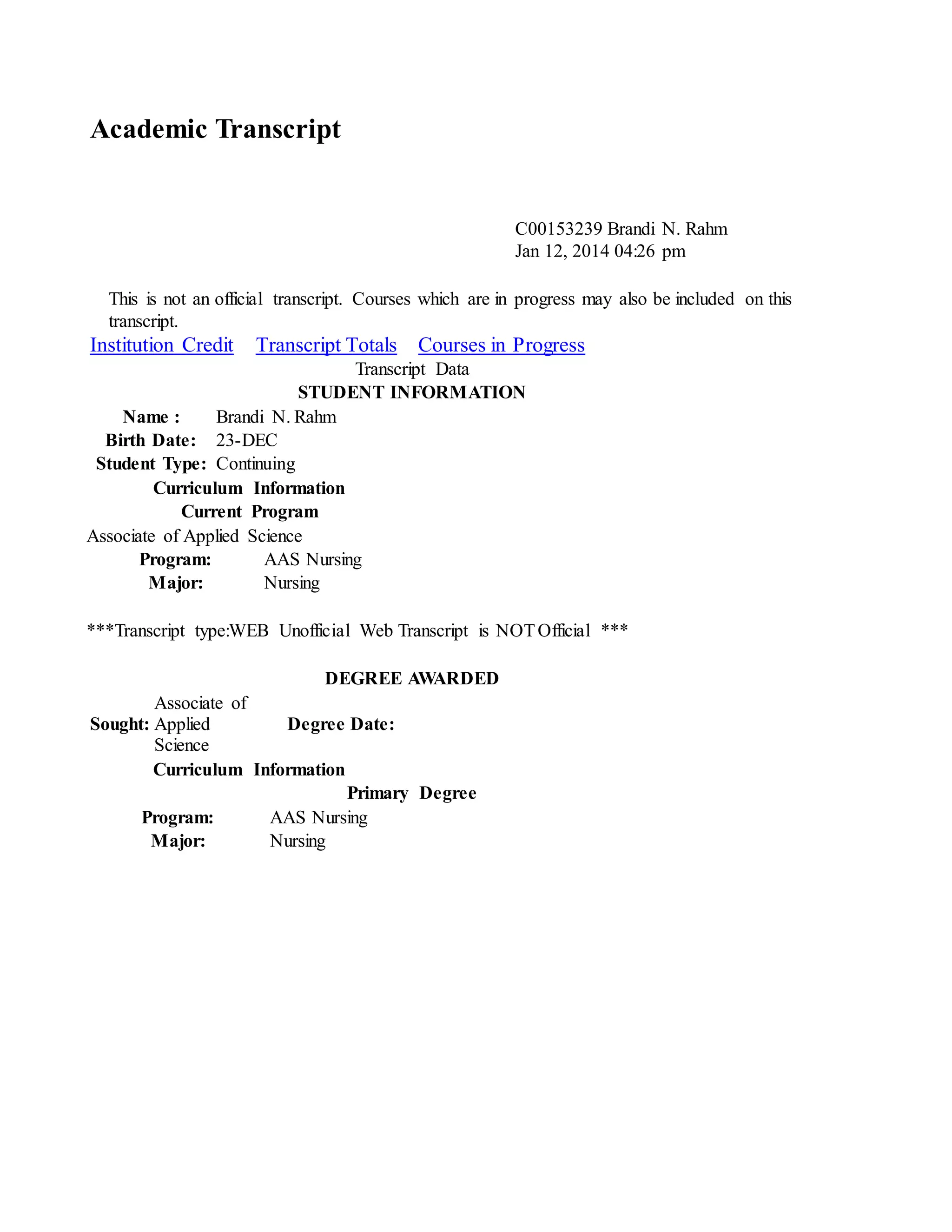 Academic Transcript 02.27.15